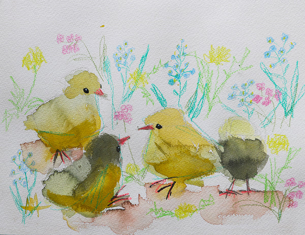 Baby Chicks and Flowers Original Watercolor Painting Angela Moulton