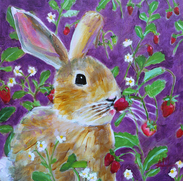 Rabbit and Strawberries Original Oil Painting Angela Moulton