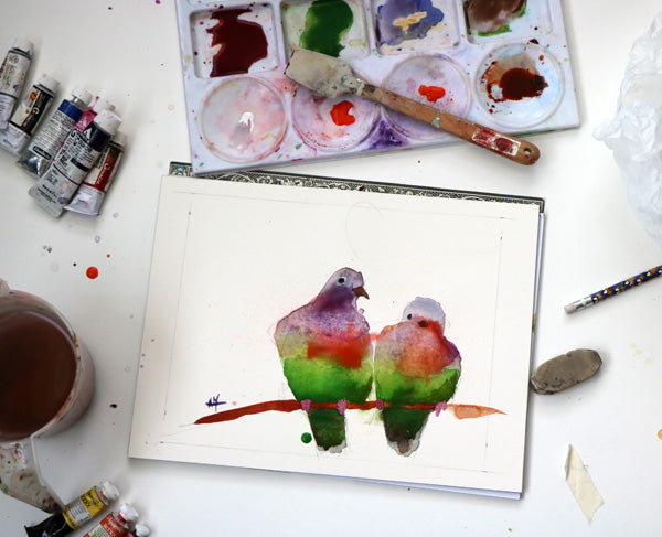 Painting Watercolor Pink Necked Green Pigeons