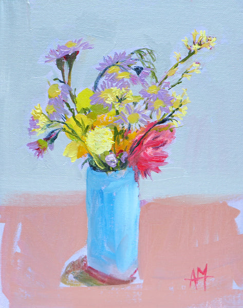 Wildflowers in Blue Vase Original Oil Painting by Angela Moulton