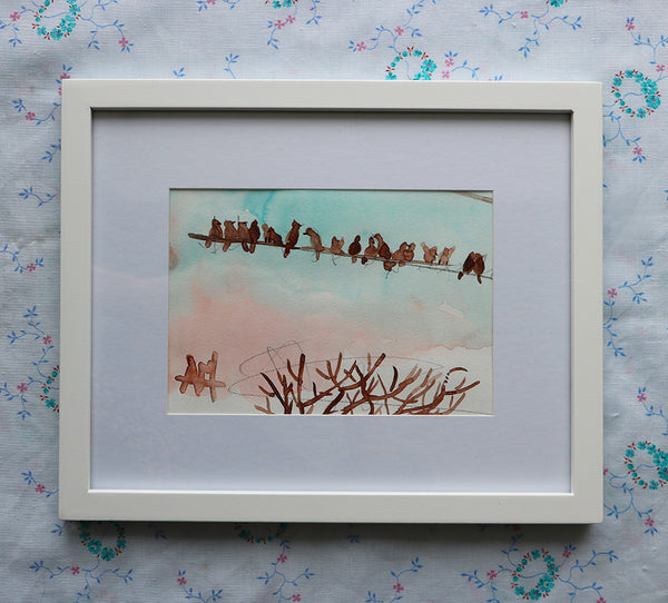 Birds on a Wire Original Watercolor Painting by Angela Moulton