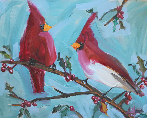 Cardinals and Holly Original Painting by Angela Moulton