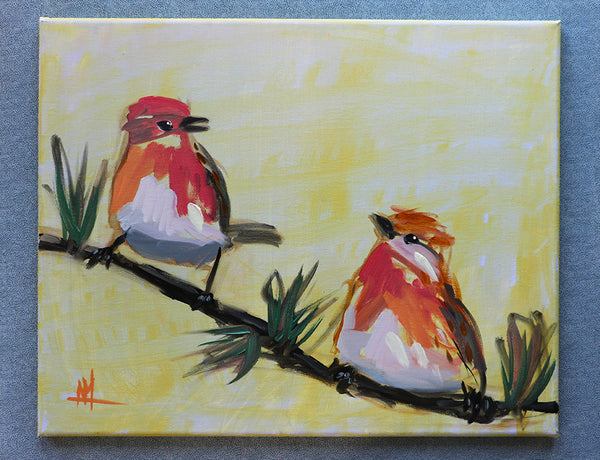 Cassin's Finches and Tamarack Original Oil Painting by Angela Moulton