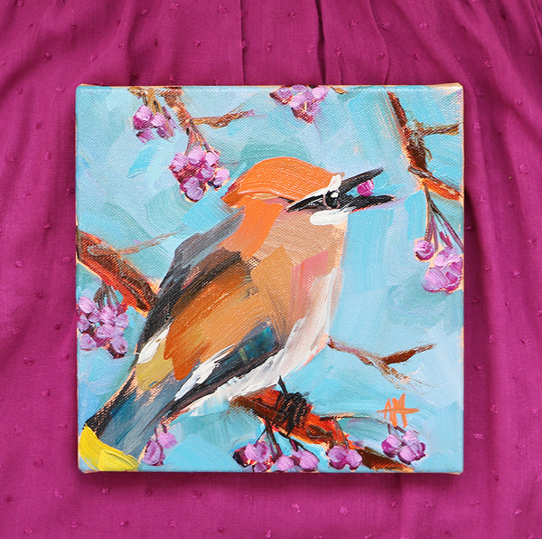 Cedar Waxwing and Berries Original Oil Painting by Angela Moulton