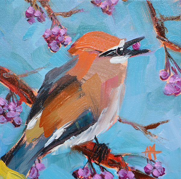 Cedar Waxwing and Berries Original Oil Painting by Angela Moulton