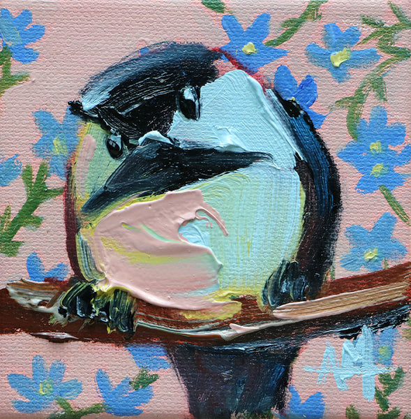 Chickadee and Forget Me Nots Original Painting by Angela Moulton