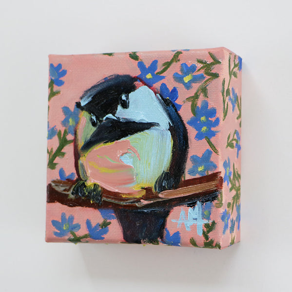 Chickadee and Forget Me Nots Original Painting by Angela Moulton