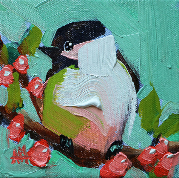 Chickadee and Red Berries Original Oil Painting by Angela Moulton