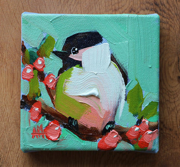 Chickadee and Red Berries Original Oil Painting by Angela Moulton