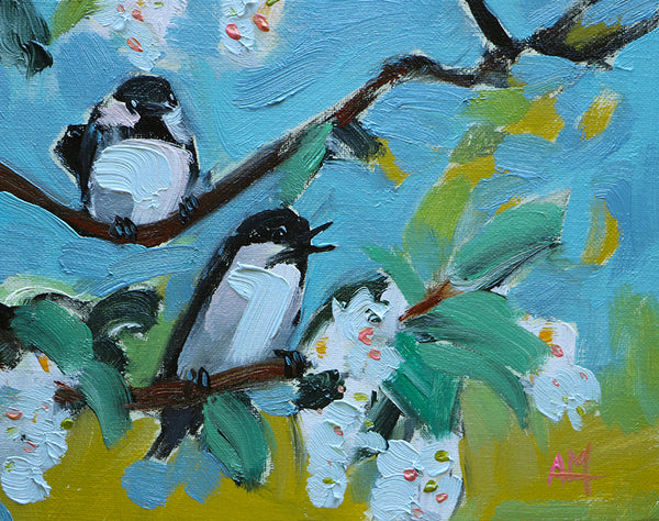 Chickadees and Chokecherry Blossoms Original Oil Painting Angela Moulton