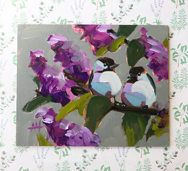 Chickadees and Lilacs Original Oil Painting Angela Moulton