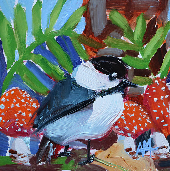 Chickadee and Woodland Mushrooms Original Oil Painting Angela Moulton