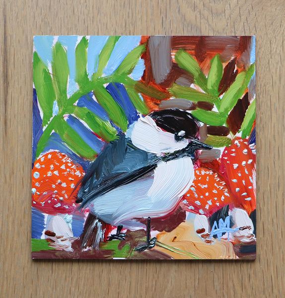 Chickadee and Woodland Mushrooms Original Oil Painting Angela Moulton