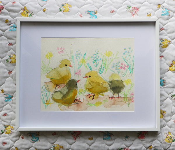 Baby Chicks and Flowers Original Watercolor Painting Angela Moulton
