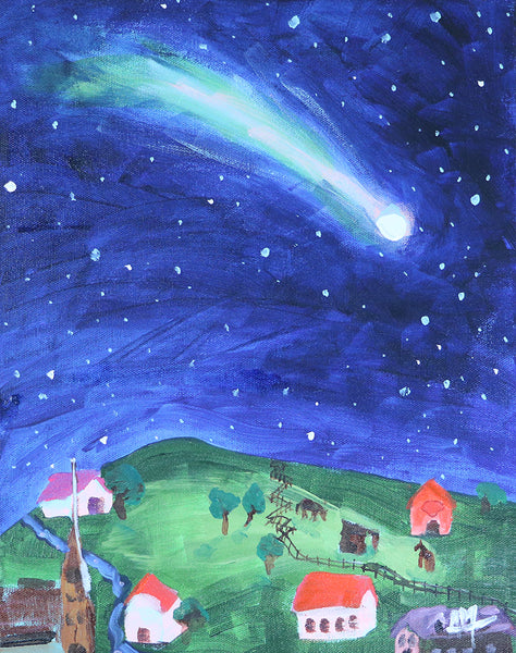 Comet Over Village Original Painting by Angela Moulton