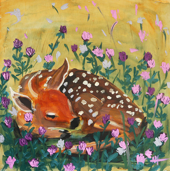 Fawn Sleeping in Clover Original Painting by Angela Moulton