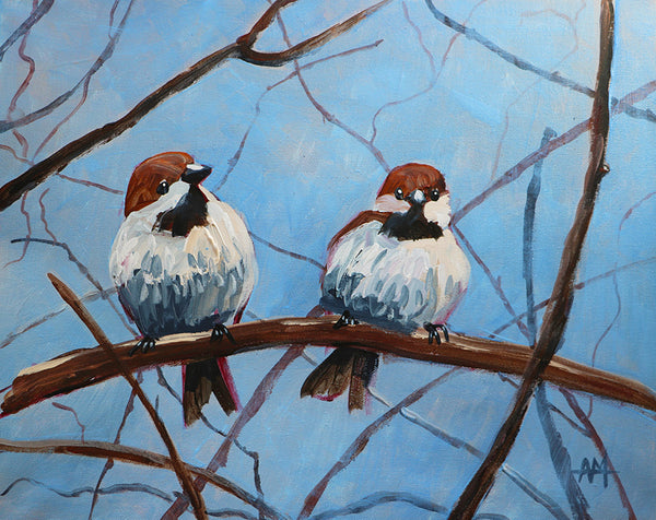House Wrens on Branch Original Painting by Angela Moulton