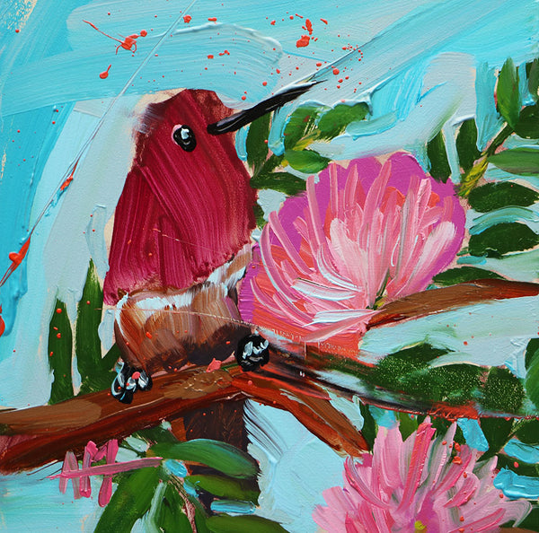 Hummingbird and Powder Puff Blossoms Original Painting by Angela Moulton