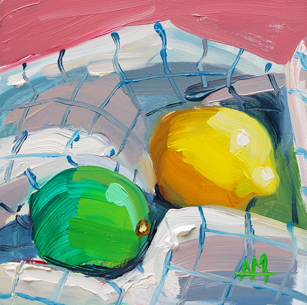 Lemon and Lime on Kitchen Towel Original Oil Painting Angela Moulton