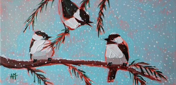 Mountain Chickadees in Snow Original Painting by Angela Moulton