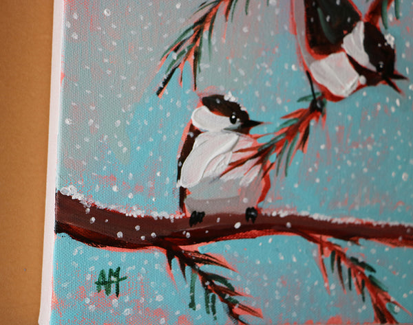 Mountain Chickadees in Snow Original Painting by Angela Moulton