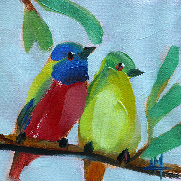 Painted Buntings on Branch Original Oil Painting Angela Moulton