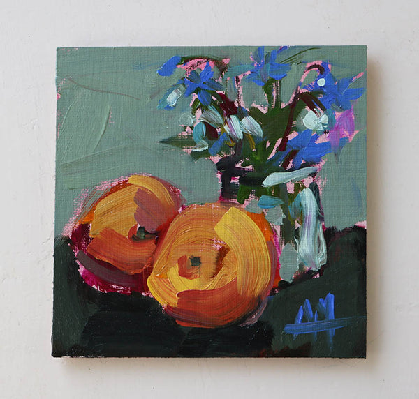 Peaches and Borage Flowers Original Oil Painting Angela Moulton