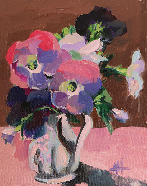 Petunias in Creamer Original Oil Painting by Angela Moulton