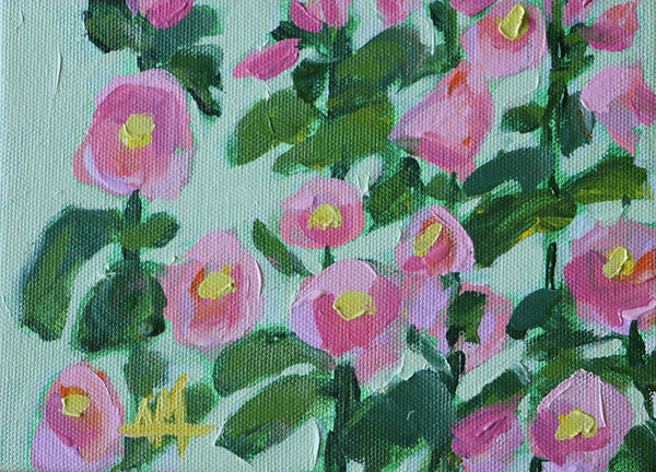 Pink Hollyhocks Original Painting by Angela Moulton