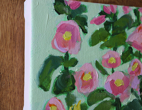 Pink Hollyhocks Original Painting by Angela Moulton