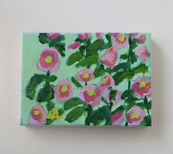 Pink Hollyhocks Original Painting by Angela Moulton