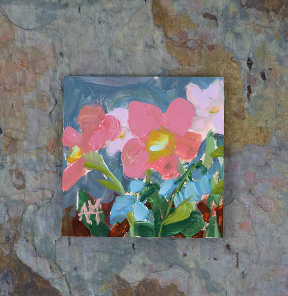 Pink and Blue Flower Garden Original Oil Painting by Angela Moulton