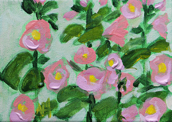 Pink Hollyhocks Original Painting by Angela Moulton