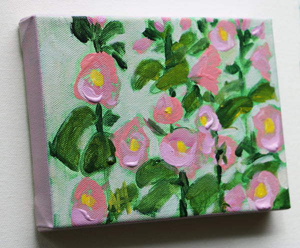 Pink Hollyhocks Original Painting by Angela Moulton