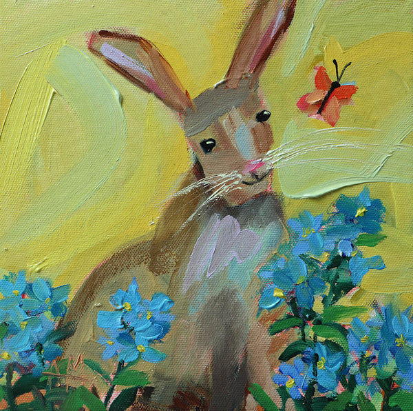 Bunny and Tweedia Flowers Original Painting by Angela Moulton