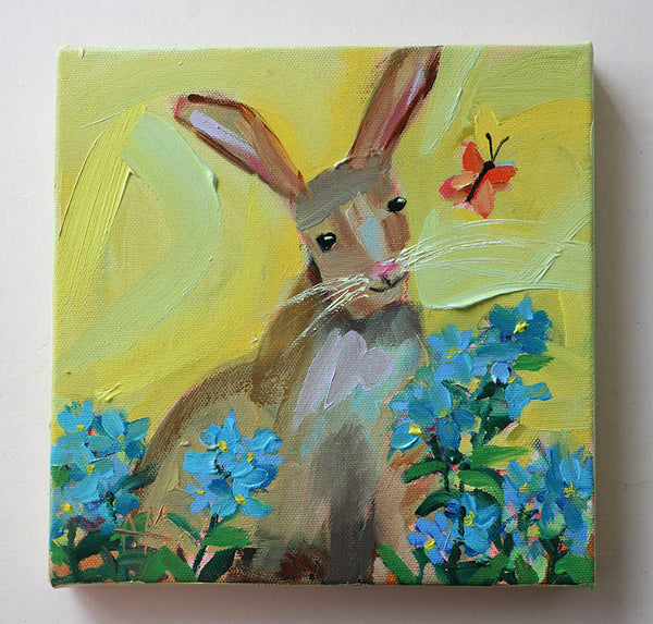 Bunny and Tweedia Flowers Original Painting by Angela Moulton