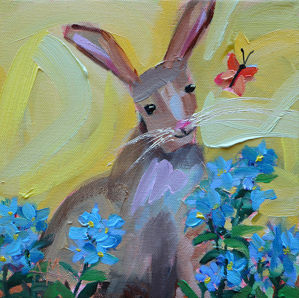 Bunny and Tweedia Flowers Original Painting by Angela Moulton