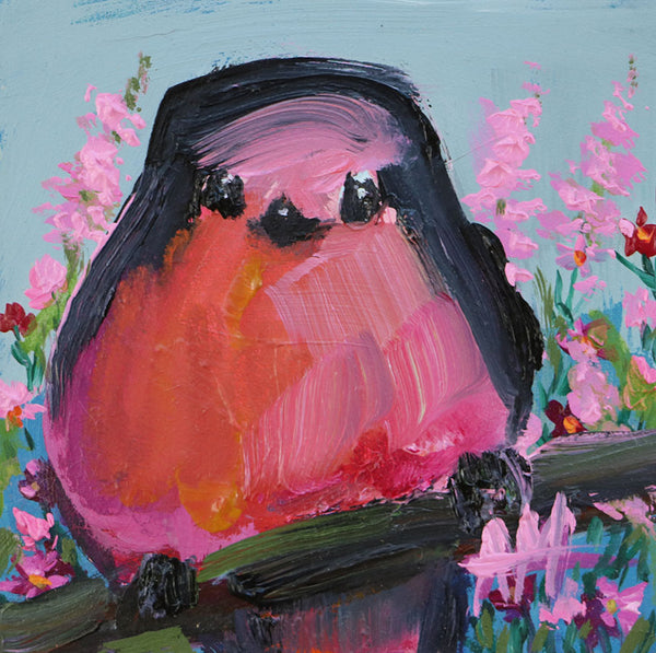 Robin in Flower Garden Original Painting by Angela Moulton