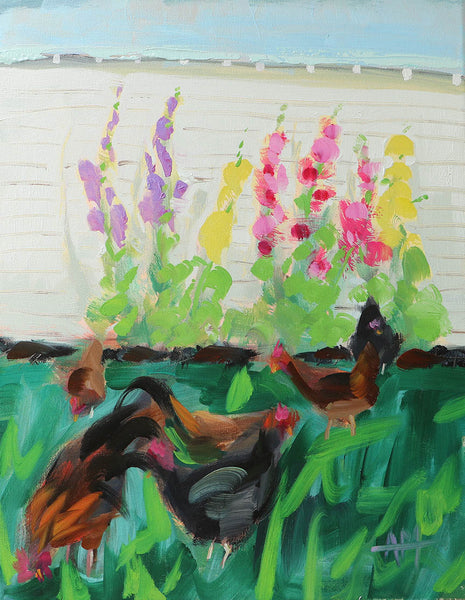 Rooster, Chickens, and Hollihocks Original Painting by Angela Moulton