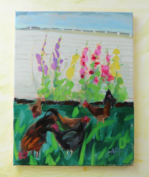 Rooster, Chickens, and Hollihocks Original Painting by Angela Moulton