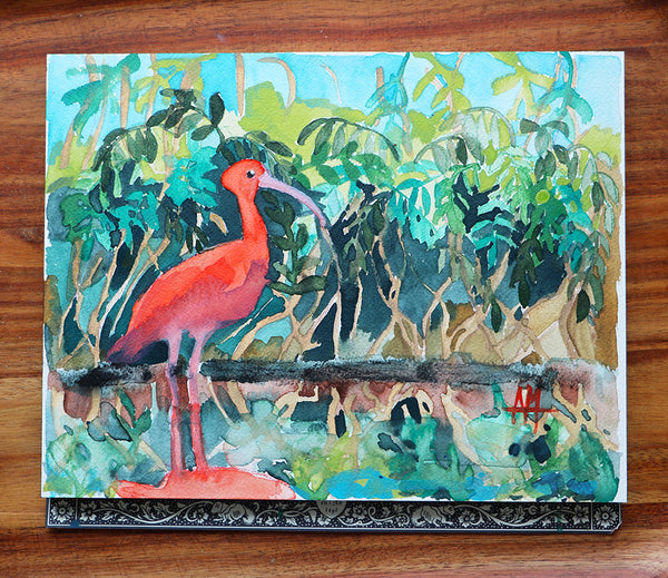 Scarlet Ibis and Mangroves Original Watercolor Painting Angela Moulton