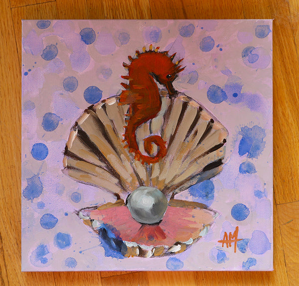 Seahorse and Pearl Original Oil and Acrylic Painting by Angela Moulton