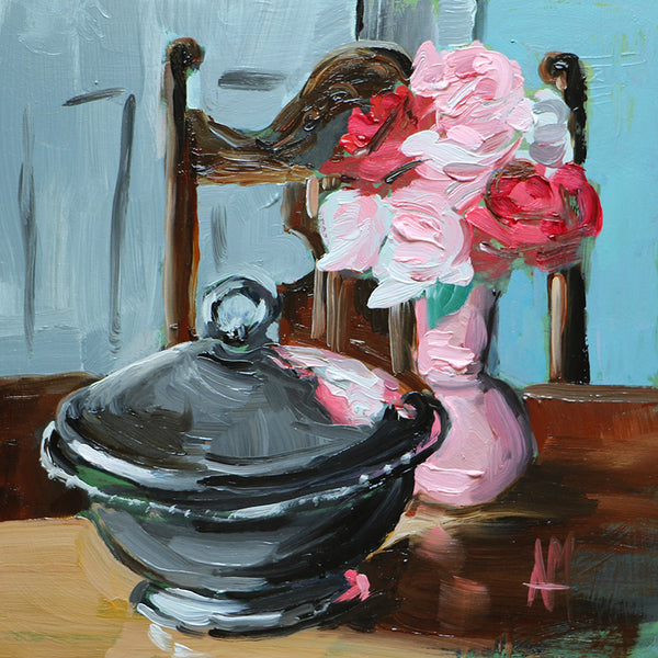 Silver Bowl and Garden Roses Original Oil Painting by Angela Moulton