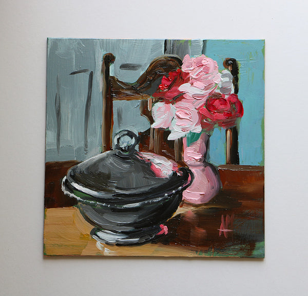 Silver Bowl and Garden Roses Original Oil Painting by Angela Moulton