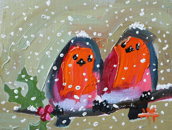 Snowy Robins Original Oil Painting by Angela Moulton