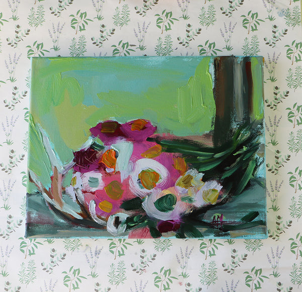 Strawflowers and Antler on Window Sill Original Oil Painting by Angela Moulton