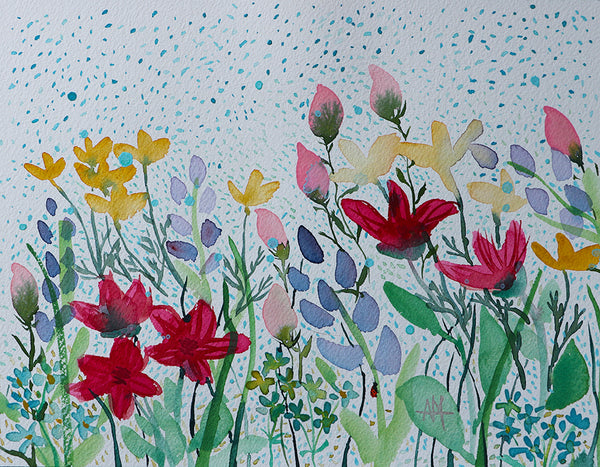 Summer Flowers in the Rain Original Watercolor Painting by Angela Moulton