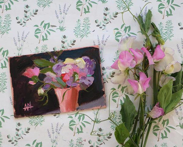 Sweetpeas in Pink Vase Original Oil Painting Angela Moulton