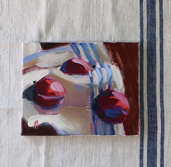 Three Plums on Linen Towel Original Oil Painting Angela Moulton