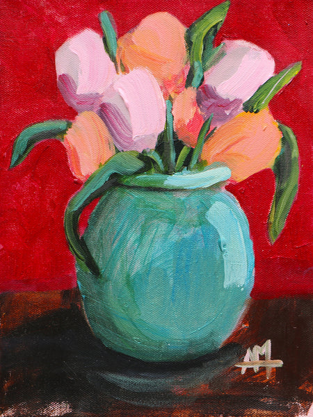 Tulips in Blue Vase Original Painting by Angela Moulton